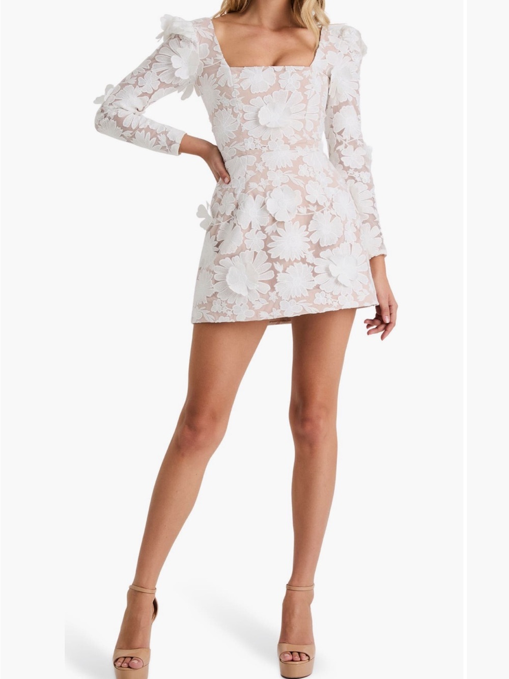 Helsi Ellen Long-Puff Sleeve 3D Floral Flower Appliqué Mini Dress Size M NWT